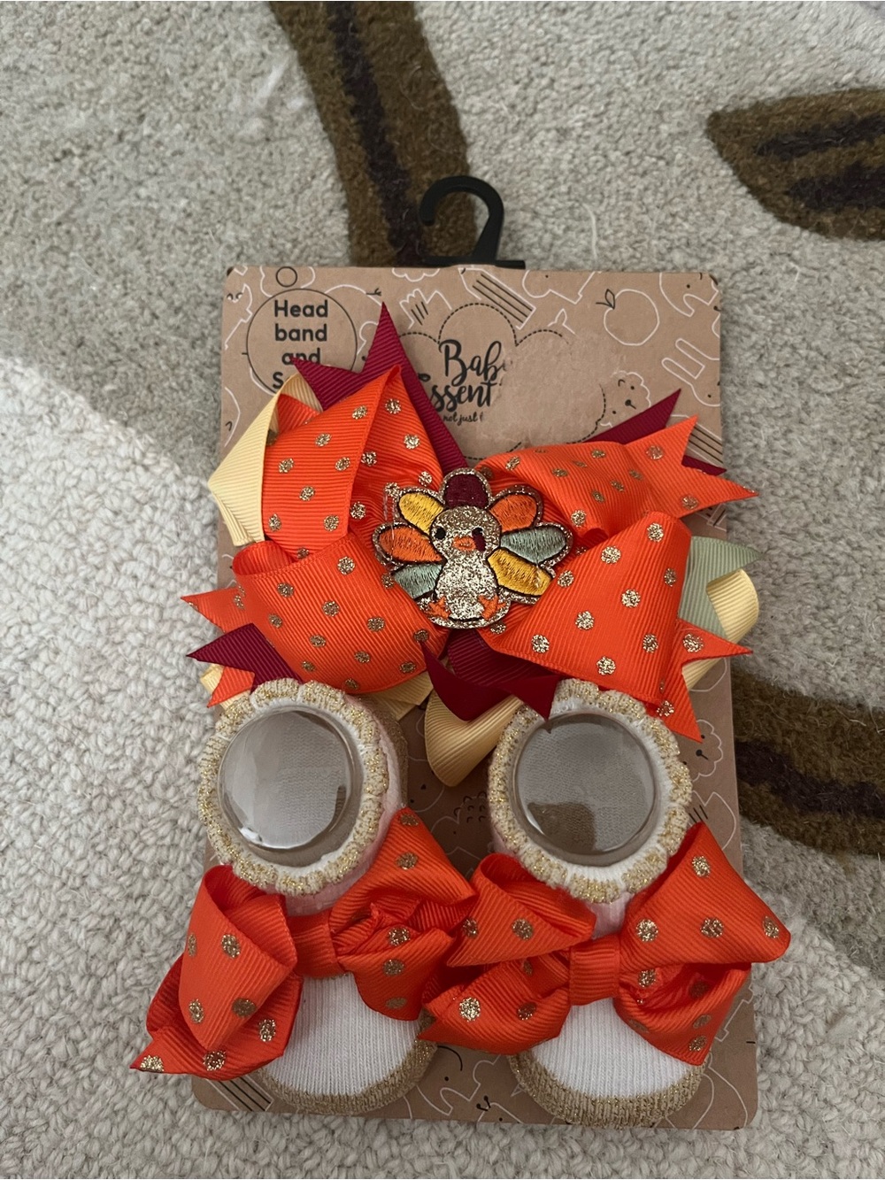 Baby Essentials Orange and Yellow Turkey Bow Headband & Shoe Set